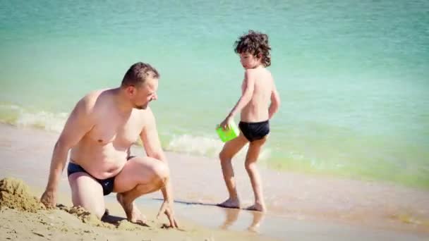 Pappa Och Son Har Kul Sandstrand Dagtid — Stockvideo