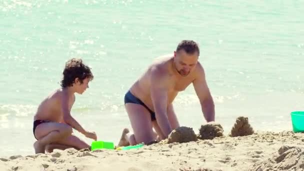 爸爸和儿子白天在沙滩上玩得开心 — 图库视频影像