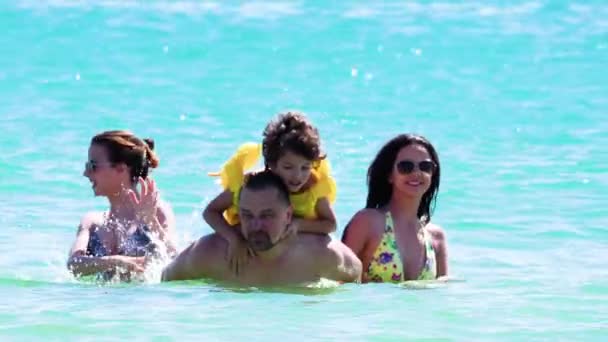 Happy Family Daughters Son Father Having Fun Wavy Sea Daytime — Stock Video