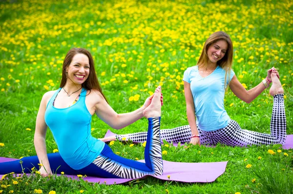 Zwei Ziemlich Sportliche Mädchen Die Dehnübungen Freien Machen Zwei Flexible — Stockfoto