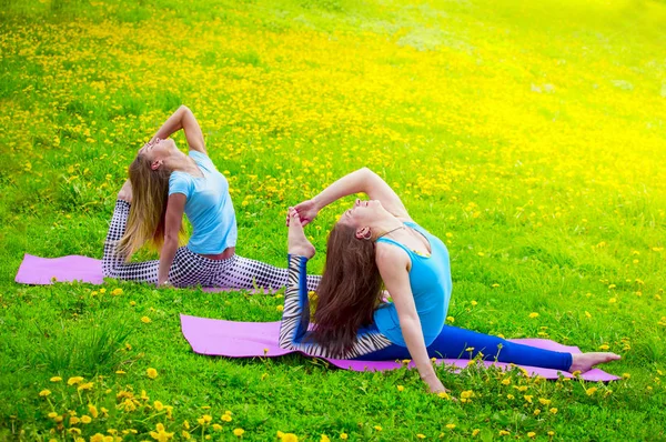 Zwei Ziemlich Sportliche Mädchen Die Dehnübungen Freien Machen Zwei Flexible — Stockfoto