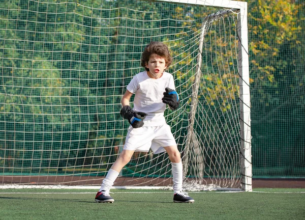 Joven Portero Puerta Fútbol Fútbol Futbolista Niño Acción —  Fotos de Stock