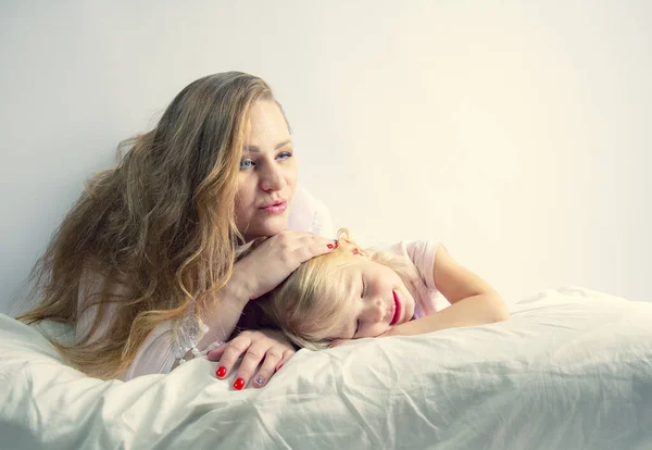 Family Concept Mom Lulling Her Daughter Sleep Copy Space — Stock Photo, Image