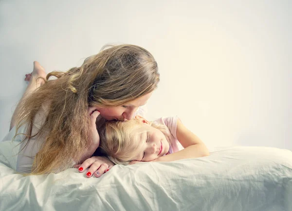 Family Concept Mom Lulling Her Daughter Sleep Copy Space — Stock Photo, Image