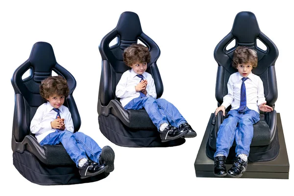 Menino Oito Anos Sentado Uma Cadeira Criança Automóvel Isolado Branco — Fotografia de Stock