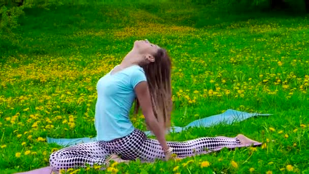 Leende Brunett Kvinna Stretching Utomhus Gräset — Stockvideo