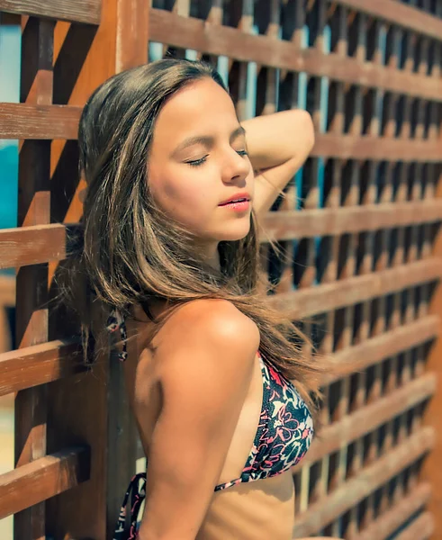 Summertime Portrait Young Girl Swimsuit Standing Wooden Fence — Stock Photo, Image