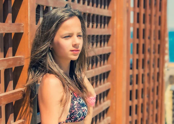 Καλοκαιρινό Πορτραίτο Νεαρής Κοπέλας Μαγιό Που Στέκεται Δίπλα Στον Ξύλινο — Φωτογραφία Αρχείου
