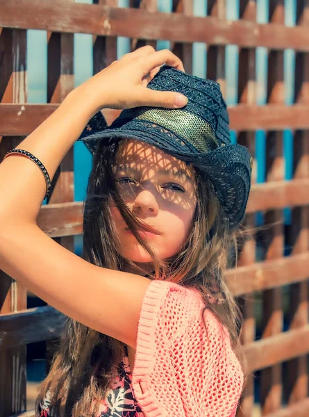 Summertime Portrait Young Girls Swimsuit Standing Wooden Fence — Stock Photo, Image