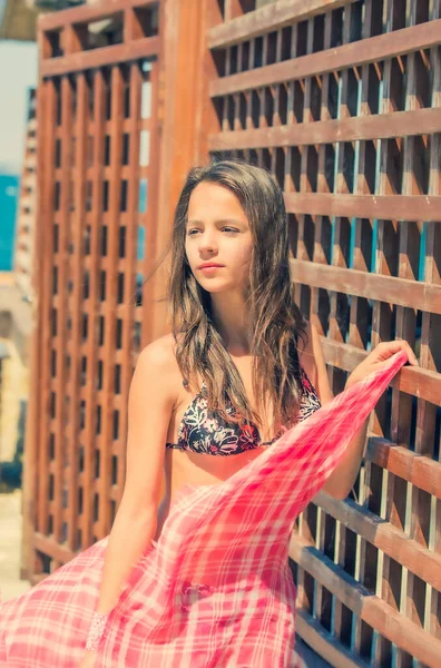 Καλοκαιρινό Πορτραίτο Νεαρής Κοπέλας Μαγιό Που Στέκεται Δίπλα Στον Ξύλινο — Φωτογραφία Αρχείου
