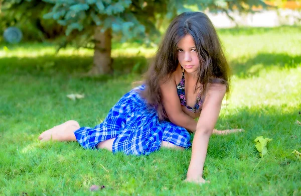 Kid Swimsuit Lying Grass — Stock Photo, Image