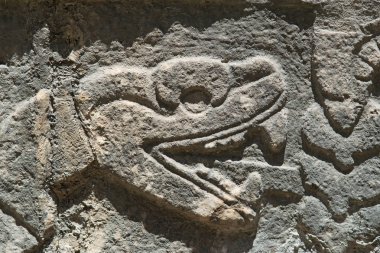 Yılan oyma kabartma ayrıntıları simgesini Chichen Itza yıkılmış, Yucatan, Meksika