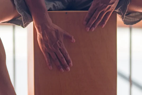 Man Musician Sit Playing Cajon — Stock Photo, Image