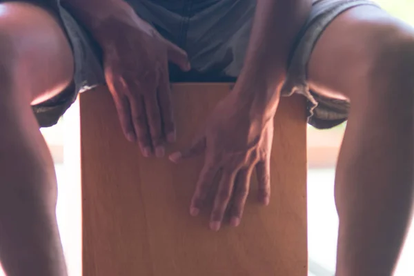 Man Musician Sit Playing Cajon — Stock Photo, Image