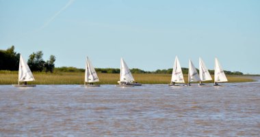 Buenos Aires, Arjantin - 23 Nisan 2017: Rio de la Plata Buenos Aires, Arjantin, gemilerde yelken çocuk