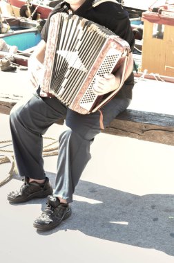 Mar Del Plata, Arjantin - 13 Mart 2017: Mar del Plata limanda oynayan bir bandoneonist adam 