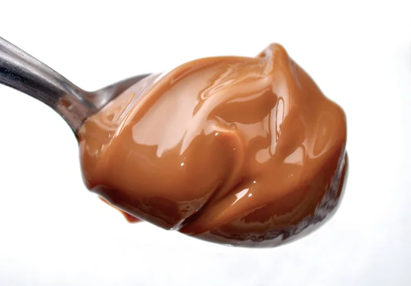 Lingură Caramel Lapte Răspândește Mai Bine Dulce Leche — Fotografie, imagine de stoc