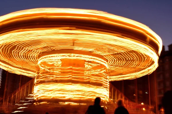 View Lighted Carousel Spinning Night — Stock Photo, Image