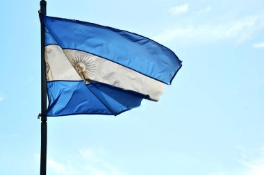 Arjantin bayrağı mavi sk karşı güneşli bir günde sallayarak