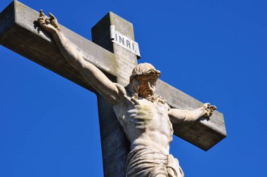 İn görüntülemek bir Jesus heykel Calvario Tandil şehir Buenos Aires, Arjantin karşı mavi sk