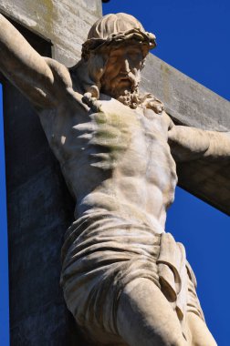 İn görüntülemek bir Jesus heykel Calvario Tandil şehir Buenos Aires, Arjantin karşı mavi sk