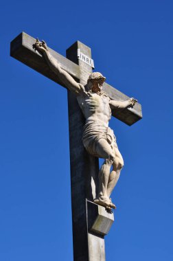 İn görüntülemek bir Jesus heykel Calvario Tandil şehir Buenos Aires, Arjantin karşı mavi sk