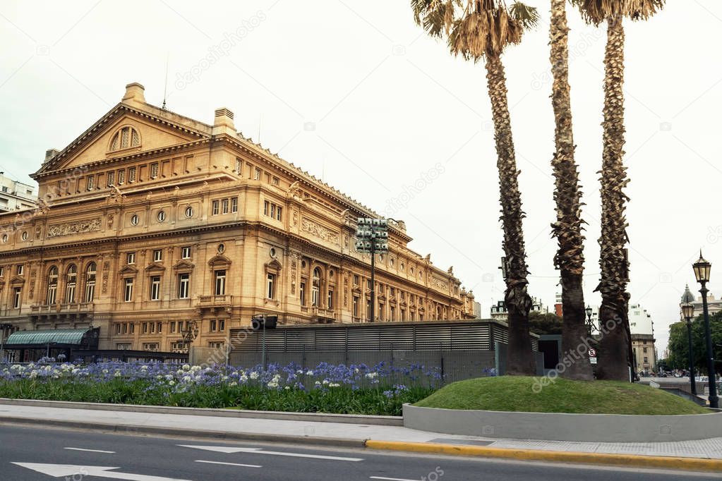 Colon Theatre facade on 9 de julio Avenue in Buenos Aires, Argentina