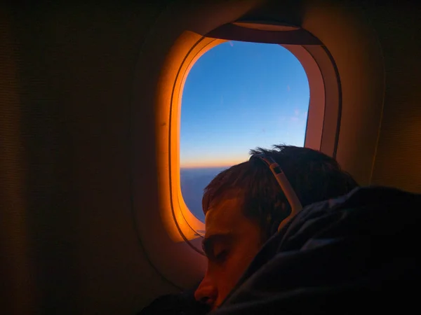 Young Man Sleep Airplane Sunrise — Stock Photo, Image
