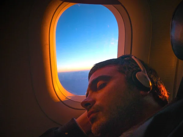 Young Man Sleep Airplane Sunrise — Stock Photo, Image