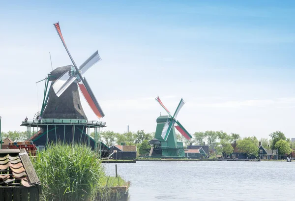 Molinos Tradicionales Holandeses Con Canal Cerca Ámsterdam Holanda —  Fotos de Stock