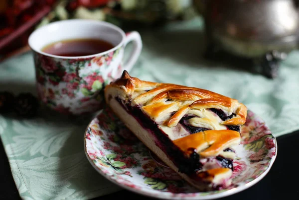 Morning Tea Blueberry Pie — Stock Photo, Image