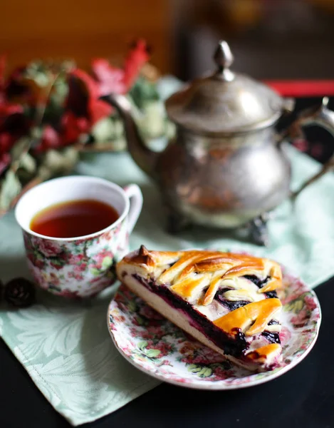 Morning tea with a blueberry pie