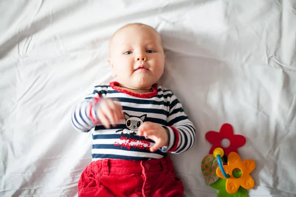 Little Baby Gril Playing Home Blanket Wearing Striped Bodysuit — Stock Photo, Image
