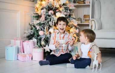 Hediyeleri açma bir köknar ağacı yakınındaki iki erkek