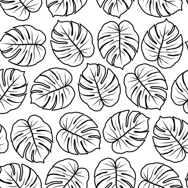 白い背景の上の輪郭を描かれたモンステラ葉グラフィックのエキゾチックなシームレス パターン — ストックベクタ