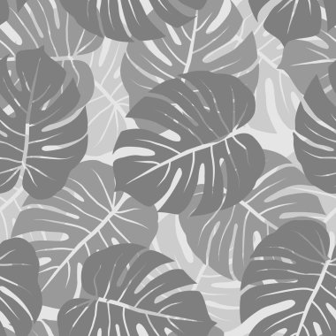 gri monokrom monstera grafik egzotik seamless modeli üzerinde açık renkli bırakır.