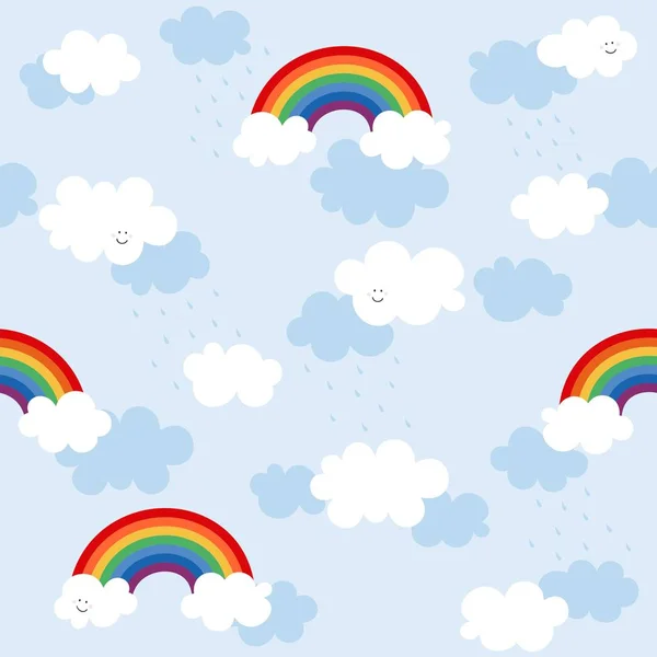 五彩缤纷的彩虹在蔚蓝多云的天空上雨天凌乱无缝图案 — 图库矢量图片
