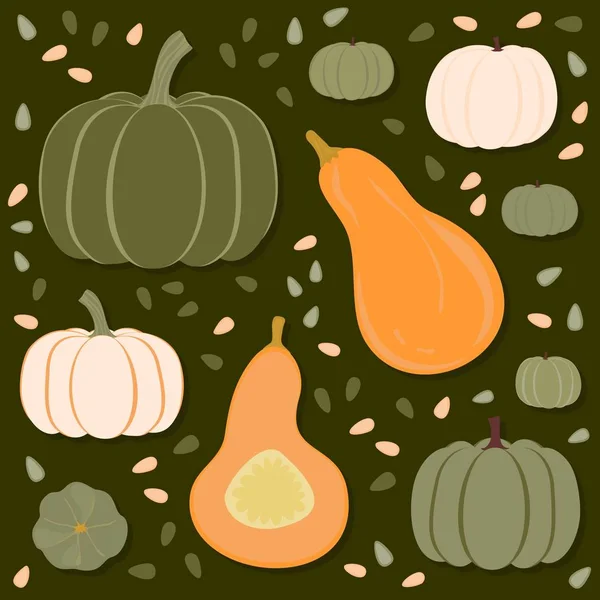 Colorful Pumpkins Seeds Seasonal Autumn Seamless Pattern Dark Background — Stock Vector