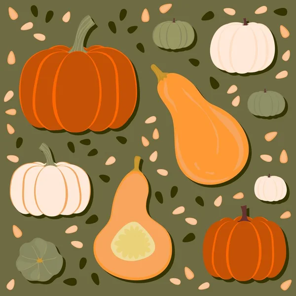 Colorful Pumpkins Seeds Seasonal Autumn Seamless Pattern Green Background — Stock Vector