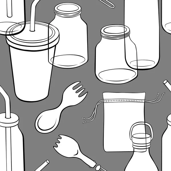Zero Waste Kitchen Utensils Seamless Pattern Hand Drawn Black White — Stock Vector