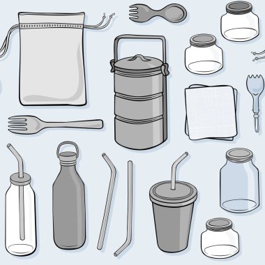 Açık mavi renkli el çekilmiş renkli elemanları ile sıfır atık mutfak mutfak eşyaları seamless modeli