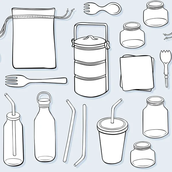 Zero Waste Küchenutensilien Nahtloses Muster Mit Handgezeichneten Schwarz Weiß Elementen — Stockvektor
