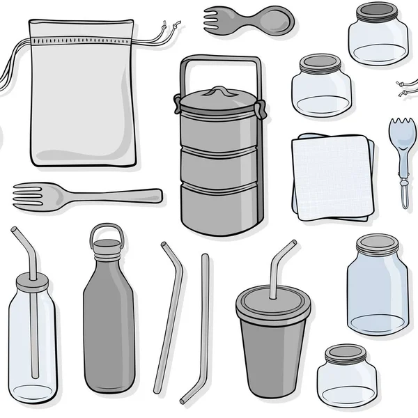 Zero Waste Kitchen Utensils Seamless Pattern Hand Drawn Colorful Elements — Stock Vector