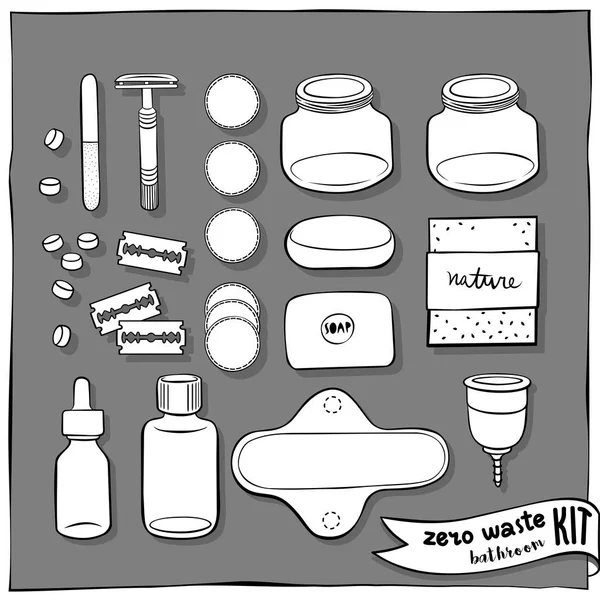 Zero Waste Badezimmer Kit Hand Gezeichnet Schwarz Weiß Vektor Illustration — Stockvektor