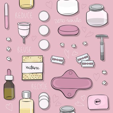 sıfır atık kadın banyo seti el çekilmiş renkli vektör seamless modeli pembe bir arka plan üzerinde