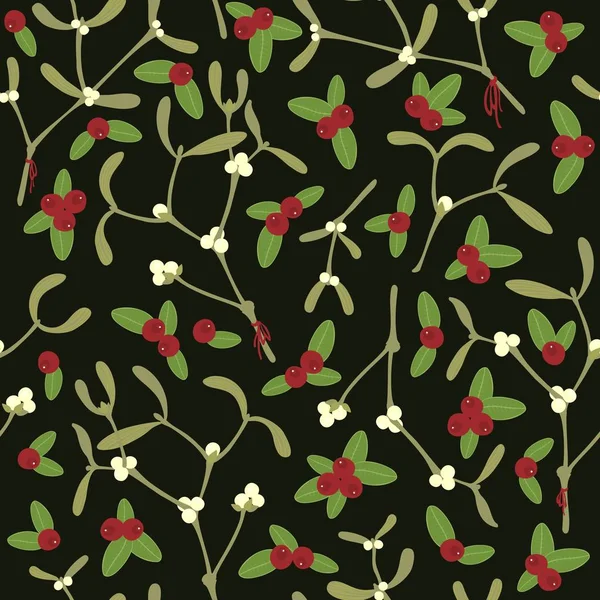 Cranberry Leaves Mistletoe Branches Berries Messy Holiday Seamless Pattern Dark — Stock Vector