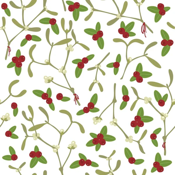Cranberry Leaves Mistletoe Branches Berries Messy Holiday Seamless Pattern White — Stock Vector