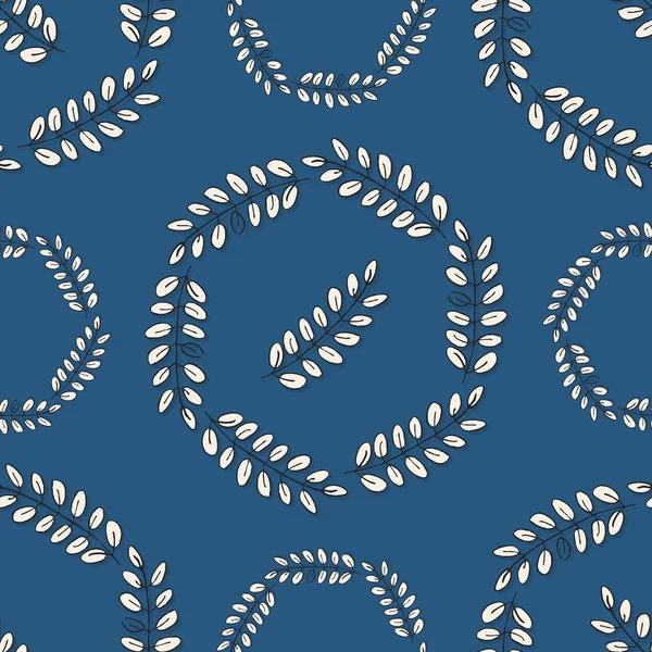 Wreaths Leaves Blue Background Monochrome Graphic Nature Floral Seamless Pattern — Stockový vektor