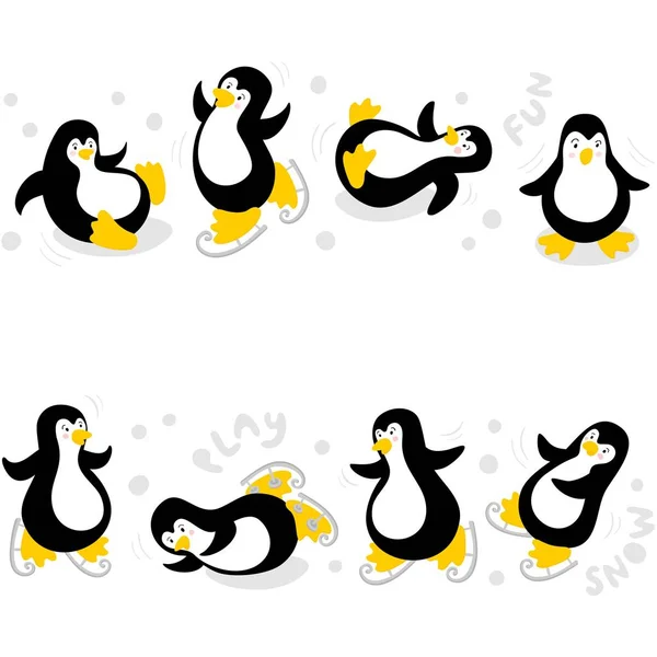 Petits Pingouins Amusant Jouer Neige Hiver Sans Couture Double Frontière — Image vectorielle