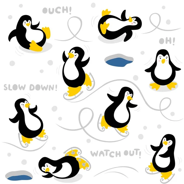 アイス凍った海冬シームレス パターン白い背景の上に小さなペンギンをスケートの時計が遅く — ストックベクタ
